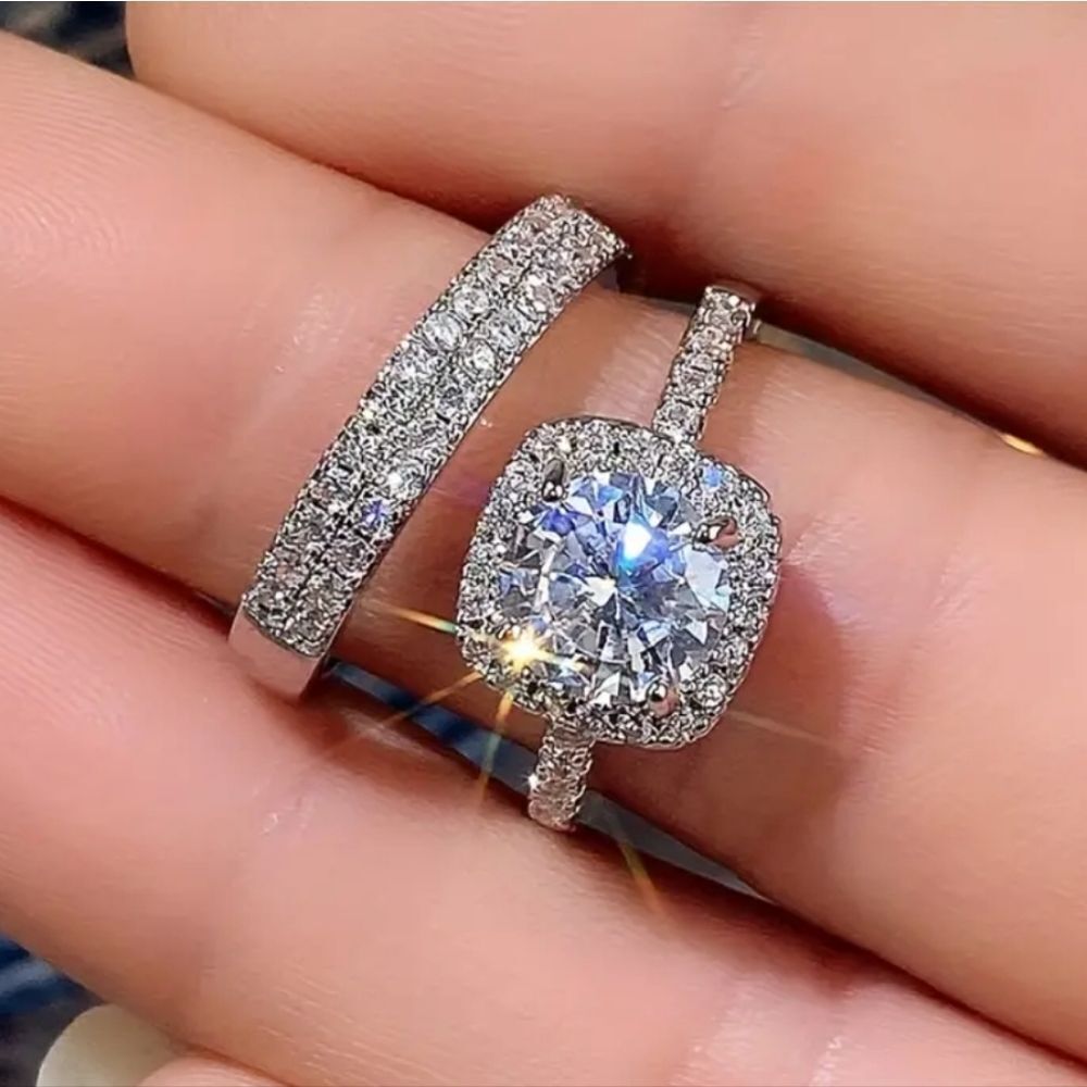 Ladies Elegant Princess Cut Lab Created Diamonds Wedding Ring Set